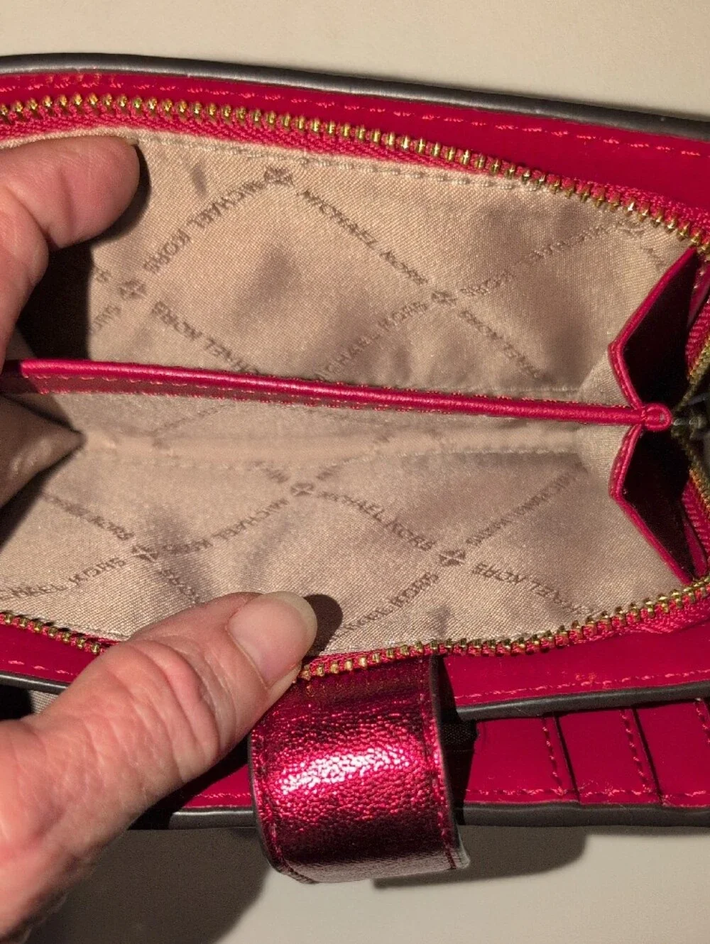 Michael Kors Metallic Scarlet Compact Wallet with Gold Logo